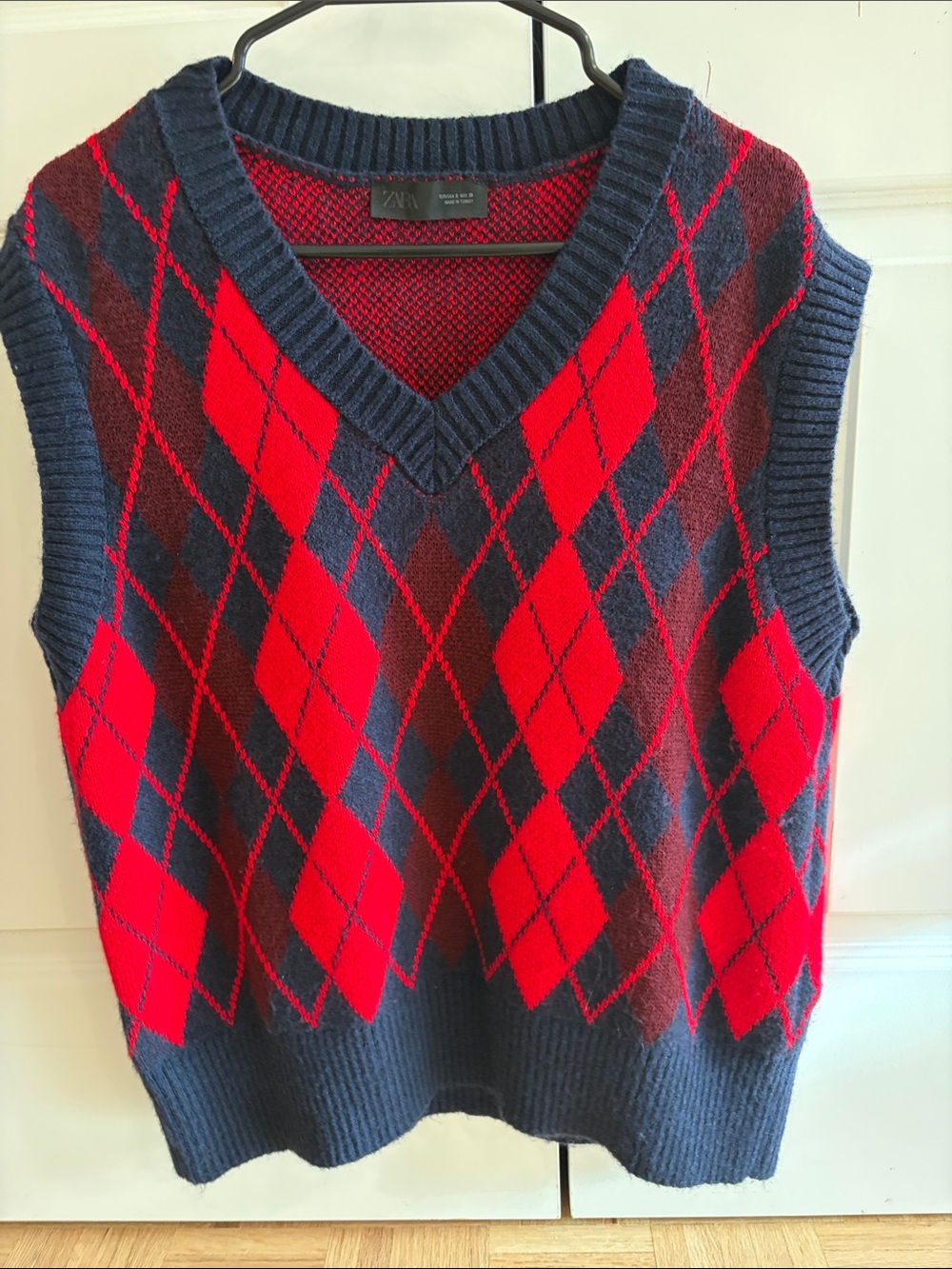 Zara Red & Navy Argyle V-Neck Sweater Vest